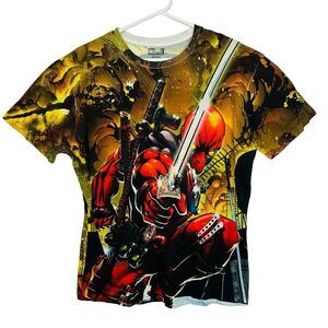 Marvel Deadpool T-Shirt All Over Print Double Sided Short Sleeve Mens Size Large